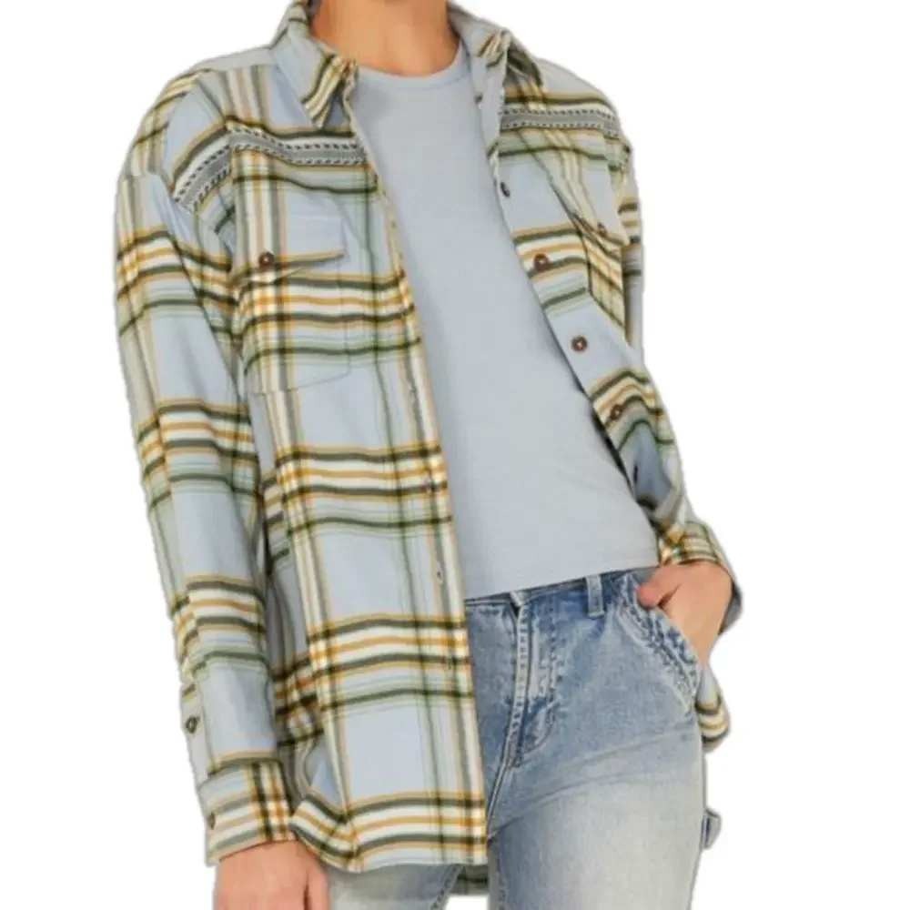 CLEO + WOLF Women Large Cozy‎ Spring Plaid Flannel Shirt Shacket Western Rodeo